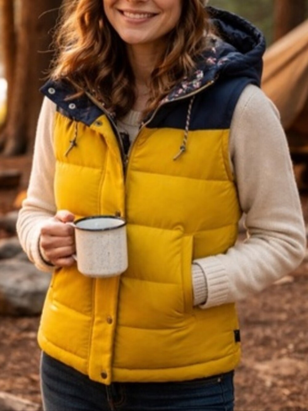 Patagonia Yellow Puffer Vest with Navy Hood & Mushroom Lining